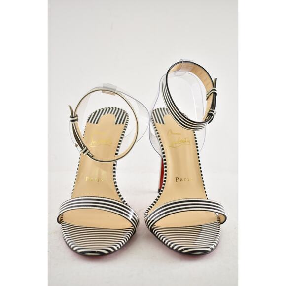 Christian Louboutin Jonatina 100 Black White Stripes Patent Sandal Heel Pump 37 - Picture 7 of 12